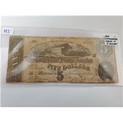 1864 SERIES H CONFEDERATE FIVE DOLLAR BILL