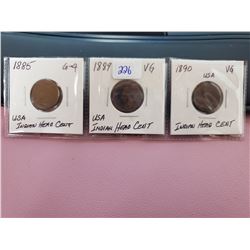 LOT OF 3  1885, 1889, 1890 INDIAN HEAD CENTS