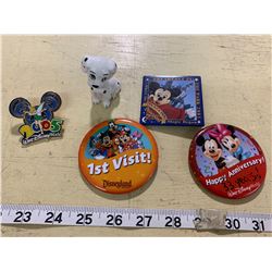 DISNEY BUTTONS, PIN, AND DISNEY (JAPAN) DOG FIGURINE
