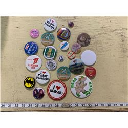 VINTAGE PINBACK BUTTONS INCLUDING LOUIS RIEL, BATMAN, MILK, ETC.