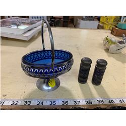 VINTAGE COBALT BLUE GLASS CANDY DISH AND SALT AND PEPER SHAKERS