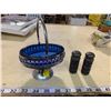 Image 1 : VINTAGE COBALT BLUE GLASS CANDY DISH AND SALT AND PEPER SHAKERS