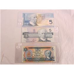 3 DIFFERENT 5 DOLLAR BILLS 1979, 1986,2002