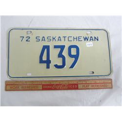 1972 SASKATCHEWAN 3 DIGIT LICENCE PLATE