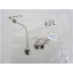 ITALIAN STERLING NECKLACE AND EAR RINGS BLACK ALASKA DIAMONDS