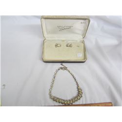 SHERMAN RHINESTONE NECKLACE AND EAR RINGS  WITH CASE