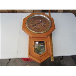 ANTIQUE SCHOOL CLOCK WORKS NEEDS DOOR GLASS HAS KEY AND PENDULUM
