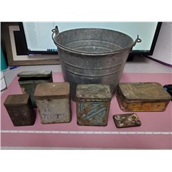 GALVANIZED PAIL WITH ASSORTED TIN CANS