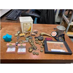 BOX OF MISC + POST CARD 1906 + 2 CHARMS FOR BRACLET  +  RING