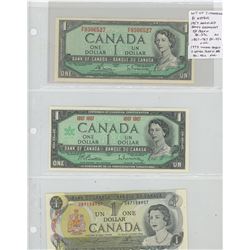 LOT OF 3 CANADIAN $1 BANKNOTES. 1954 MODIFIED PORTRAIT, BOUEY-RASMINSKY SIGNATURES, P/F PREFIX, BC-3