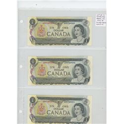 LOT OF 3 CONSECUTIVE SERIAL NUMBERED 1973 $1 NOTES. LAWSON-BOUEY SIGNATURES. AM PREFIX. SERIAL NUMBE