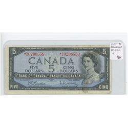 1954 $5 MODIFIED PORTRAIT REPLACEMENT NOTE. BEATTIE-RASMINSKY SIGNATURES. SERIAL NUMBER *N/S0206558.