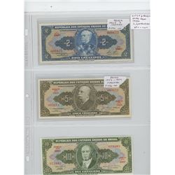 LOT OF 3 DIFFERENT BRAZILIAN NOTES FROM THE 1950S: 2 CRUZEIROS, 5 CRUZEIROS, 10 CRUZEIROS. VF+ - UNC