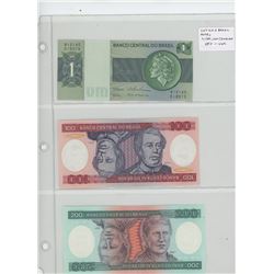 LOT OF 3 DIFFERENT BRAZILIAN NOTES: 1 CRUZEIRO, 100 CURZEIROS, 200 CRUZEIROS. VF+ - UNC.