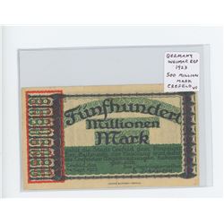 GERMANY – WEIMAR REPUBLIC. 1923 500 MILLION MARK. INFLATIONARY MONEY FROM CREFELD, GERMANY. VF.