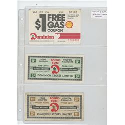 LOT OF 3 DIFFERENT DOMINION STORES LIMITED COUPONS: $1 FREE GAS COUPON, 5 CENTS FOOD COUPON, 20 CENT