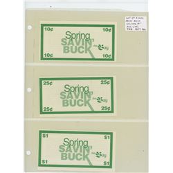 LOT OF 3 DIFFERENT THE BAY SPRING SAVIN’ BUCKS: 10 CENTS, 25 CENTS, $1. ALL UNC.