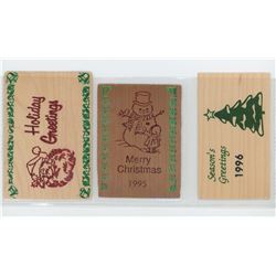 LOT OF 3 DIFFERENT LARGE RECTANGULAR CHRISTMAS WOODEN NICKELS. INCLUDES SANTA, SNOWMAN, AND CHRISTMA