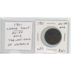 1901 VICTORIAN LARGE CENT. THE LAST LARGE CENT OF QUEEN VICTORIA. AU-50. NICE.