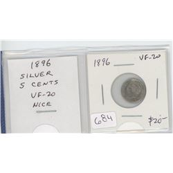1896 VICTORIAN SILVER 5 CENTS. VF-20. NICE.