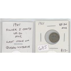 1901 VICTORIAN SILVER 5 CENTS. THE LAST SILVER 5 CENTS OF QUEEN VICTORIA. VF-20. NICE.