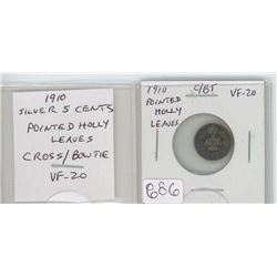 1910 EDWARDIAN SILVER 5 CENTS. POINTED HOLLY LEAVES, CROSS/BOW TIE. VF-20. NICE.