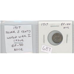 1917 GEORGE V SILVER 5 CENTS. WORLD WAR I ISSUE. EF-40. NICE.