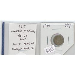 1918 GEORGE V SILVER 5 CENTS. THE LAST YEAR OF WORLD WAR I. EF-40. NICE.