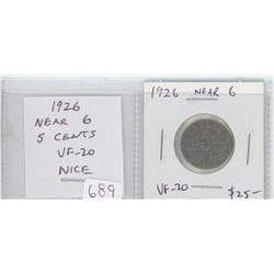 1926 NEAR 6 NICKEL 5 CENTS. VF-20. NICE.