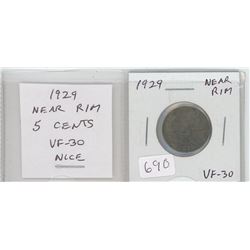 1929 NEAR RIM NICKEL 5 CENTS. VF-30. NICE.