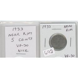 1933 NEAR RIM NICKEL 5 CENTS. VF-30. NICE.