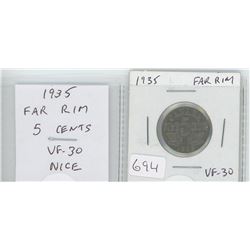1935 FAR RIM NICKEL 5 CENTS. VF-30. NICE.
