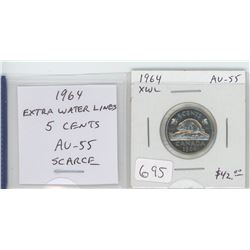 1964 EXTRA WATER LINES NICKEL 5 CENTS. AU-55. SCARCE. NICE.