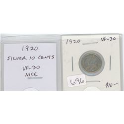 1920 SILVER 10 CENTS. VF-30. NICE.