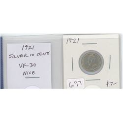 1921 SILVER 10 CENTS. VF-30 NICE.
