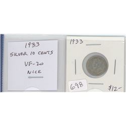 1933 SILVER 10 CENTS. VF-20. NICE.