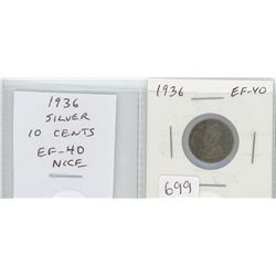 1936 SILVER 10 CENTS. THE LAST NICKEL ISSUED FOR GEORGE V. EF-40. NICE.