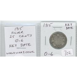 1915 SILVER 25 CENTS. WORLD WAR I ISSUE. KEY DATE. MINTAGE OF 242,382. G-6.