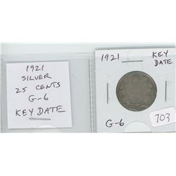 1921 SILVER 25 CENTS. KEY DATE. MINTAGE OF 597,337. G-6.