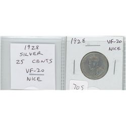 1928 SILVER 25 CENTS. VF-20. NICE.