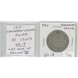 1910 EDWARDIAN LEAVES SILVER 50 CENTS. THE LAST 50 CENTS ISSUED FOR EDWARD VII. VG-8.