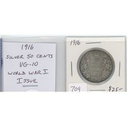 1916 SILVER 50 CENTS. WORLD WAR I ISSUE. VG-10.