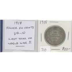 1918 SILVER 50 CENTS. THE LAST YEAR OF WORLD WAR I. VG-10.