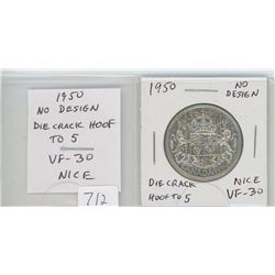 1950 NO DESIGN SILVER 50 CENTS. NO DESIGN IN ZERO IN DATE, DIE CRACK FROM HOOF TO 5. VF-30. NICE VAR