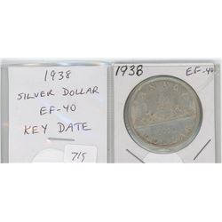 1938 SILVER DOLLAR. KEY DATE. MINTAGE OF 90,304. EF-40. NICE.