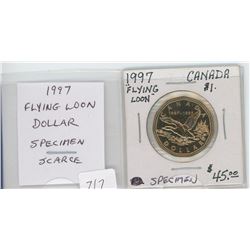 1997 FLYING LOON DOLLAR. COMMEMORATES THE FIRST LOONIE ISSUED IN 1987. SPECIMEN-65. SCARCE. NICE.