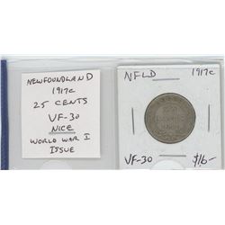 NEWFOUNDLAND 1917C SILVER 25 CENTS. ISSUED DURING WORLD WAR I. VF-30. NICE.