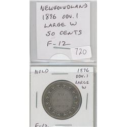 NEWFOUNDLAND 1896 OBVERSE 1, LARGE W, SILVER 50 CENTS. F-12.