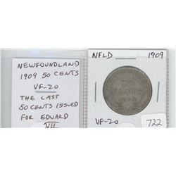 NEWFOUNDLAND 1909 SILVER 50 CENTS. THE LAST 50 CENTS ISSUED FOR EDWARD VII. VF-20. NICE.