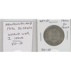 NEWFOUNDLAND 1917C SILVER 50 CENTS. ISSUED DURING WORLD WAR I. VG-10.